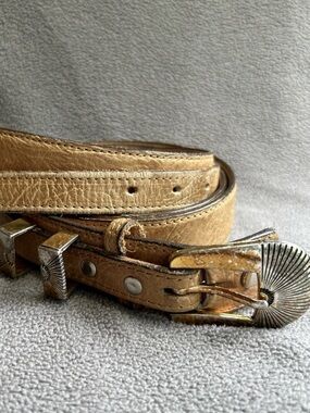 Dan Post Leather Belt Men’s 42 Tan Brown Western Cowboy Fanned Buckle DP934